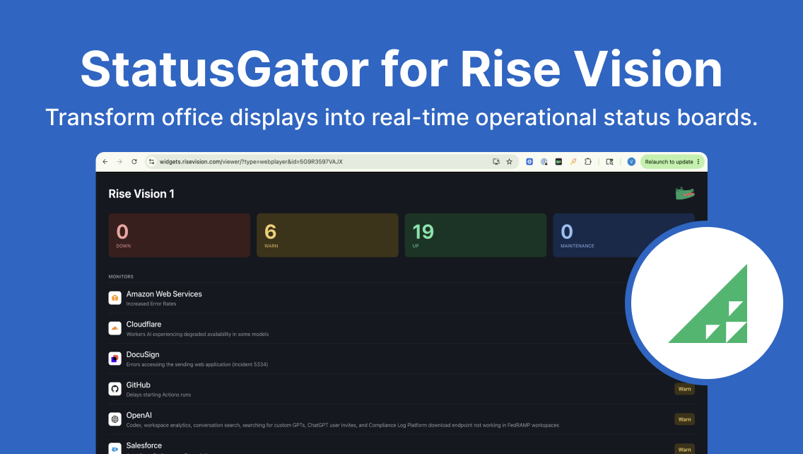 Show your StatusGator status page on Rise Vision digital signage