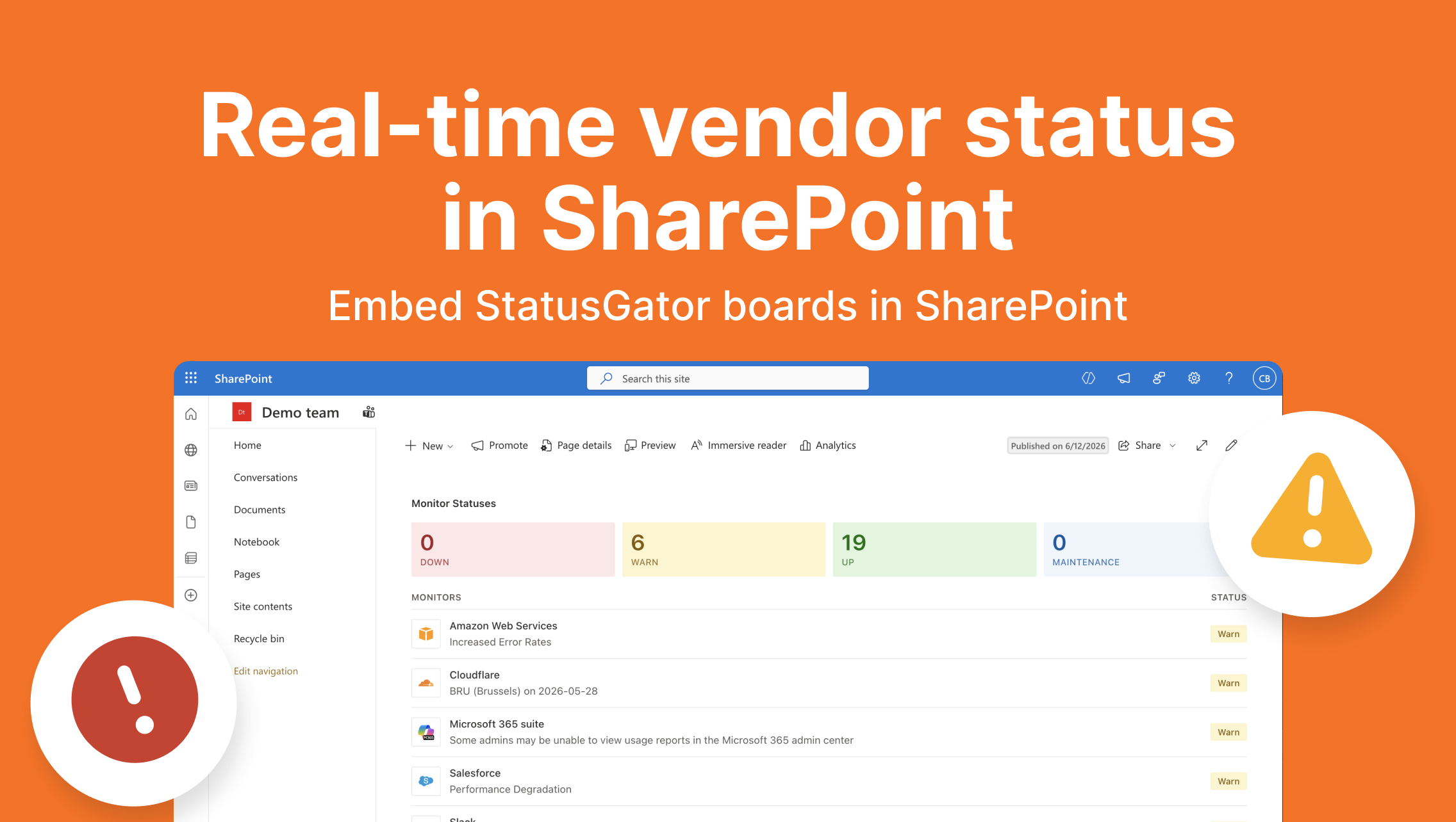 Embed StatusGator dashboards in SharePoint
